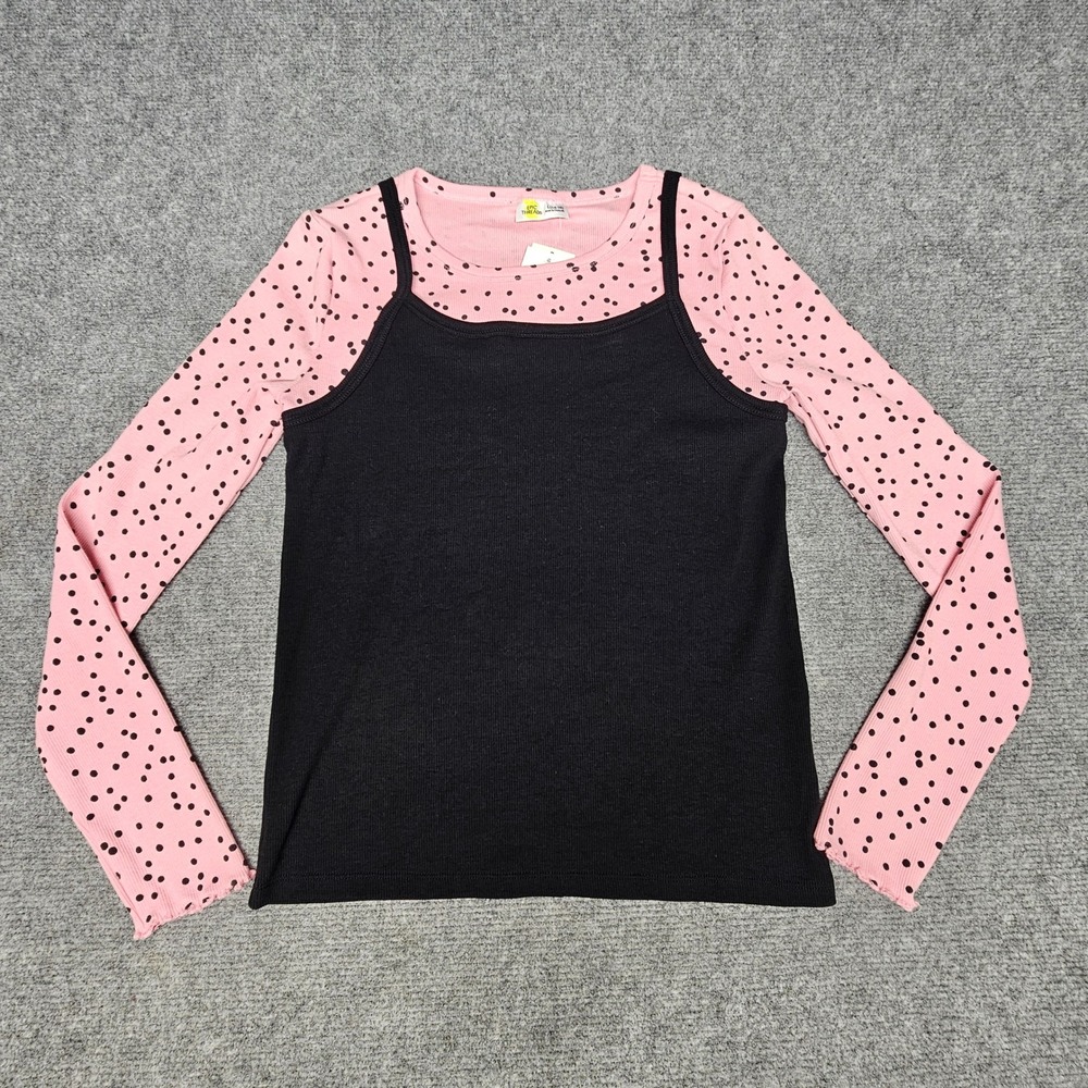 Epic Threads Layered Look Top Kids L 14-16 Pink Black Polka Dot Ribbed New